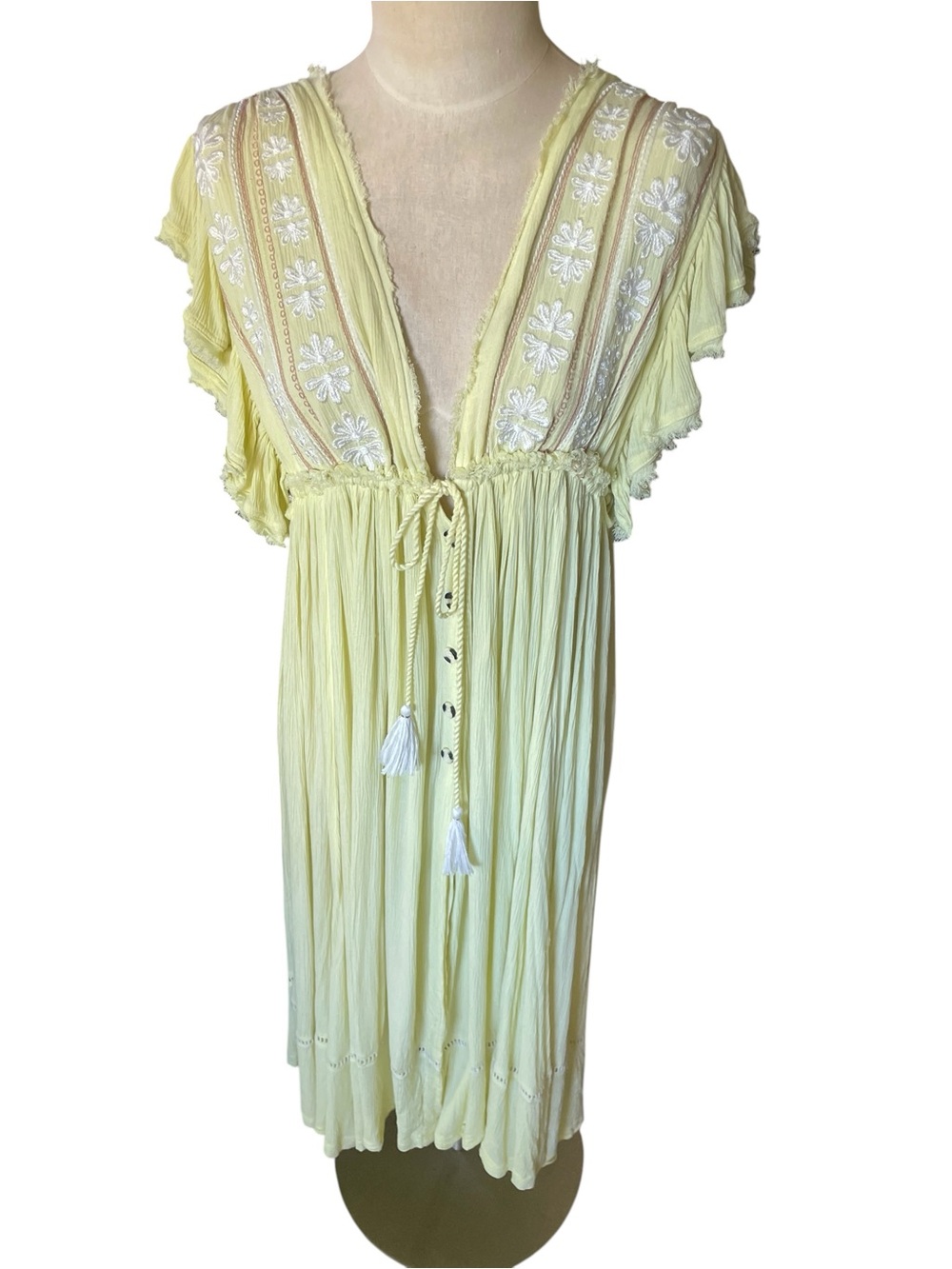 Free People Pale Yellow Embroidered dress